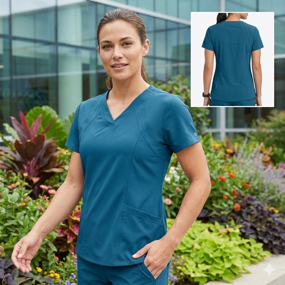 Barco One Womens Scrub Top Teal Blue‎ V-Neck Perforated Techwear Size M B0P50681